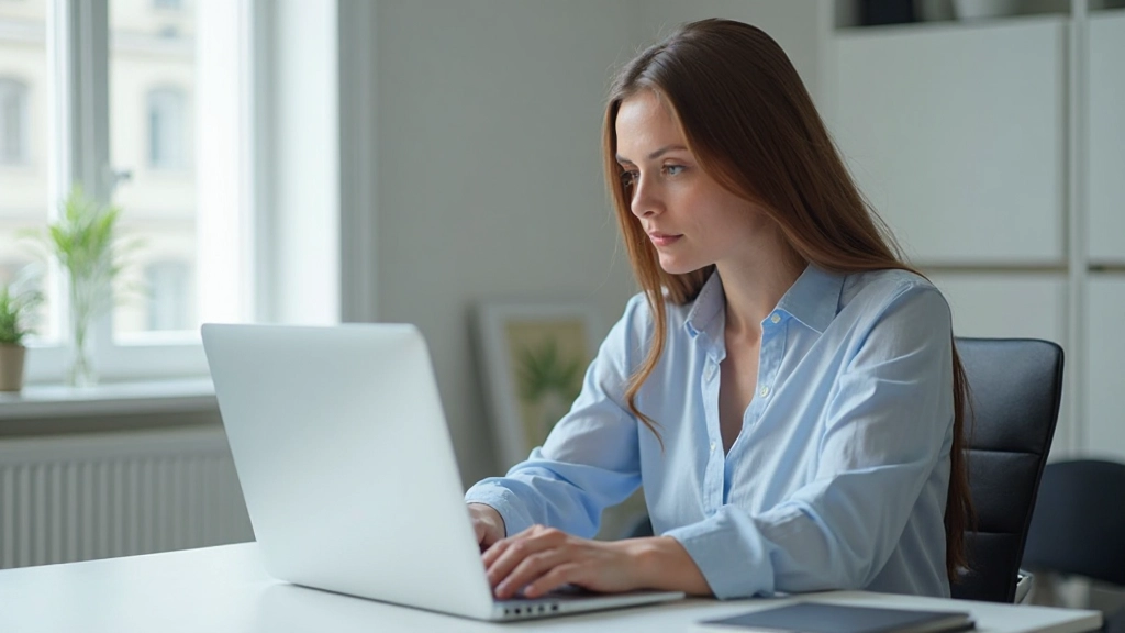 Professionelle Frau arbeitet an Laptop in modernem Büro und nimmt an Online-Schulung teil