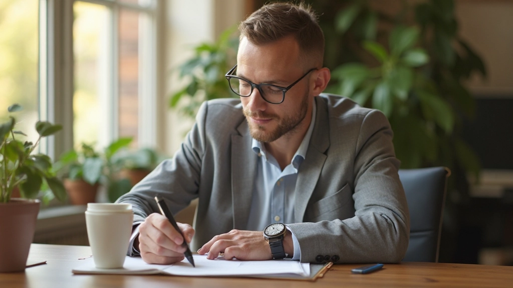 Professionelle Person mit Karriereplaner und Zielnotizen am modernen Schreibtisch