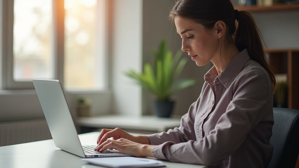 Professionelle Frau arbeitet konzentriert am Laptop an Online-Lernkurs in modernem Büro