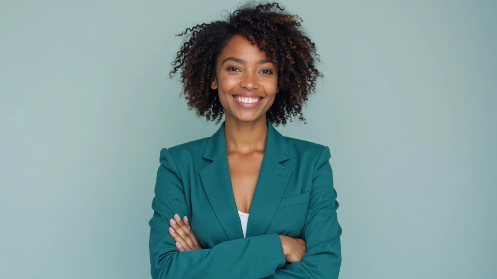 Porträt einer jungen professionellen Frau mit lockigem Haar und farbenfrohem Blazer