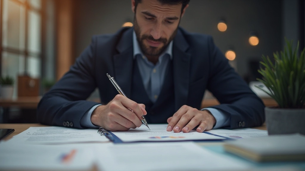 Professioneller Mann überprüft Zertifizierungsdokumente am Arbeitsplatz