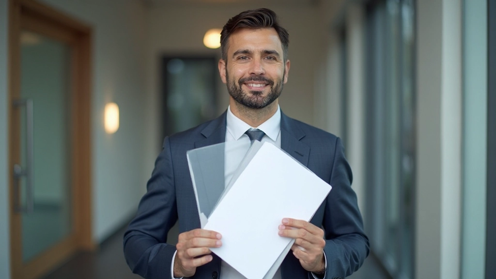 Professionelle Person mit zwei Händen, die verschiedene Zertifikate und Abschlüsse in einem modernen Schulungszentrum hält, detaillierter Blick