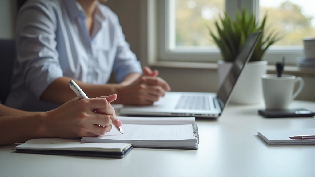Anatomisch korrekte Person mit zwei Händen, die konzentriert auf Laptop mit Online-Kurs auf dem Bildschirm sitzt, modernes Heimbüro, natürliches Licht, professionelle Fotografie