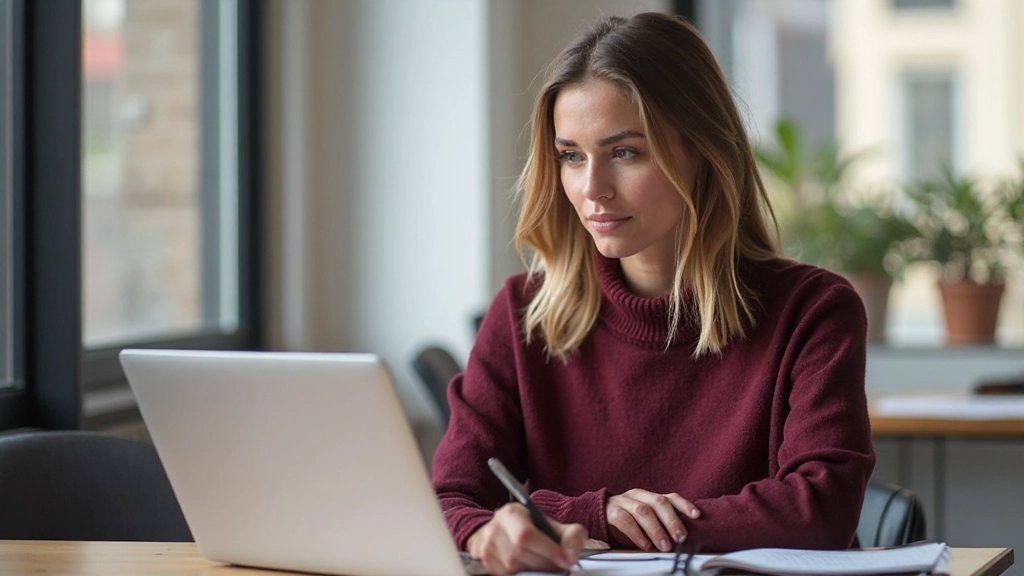 Professionelle Frau nutzt Online-Kurs an Laptop in modernem Arbeitsbereich