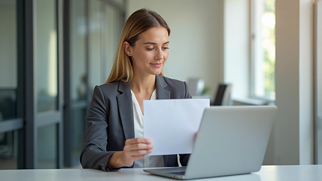 Professionelle Arbeitnehmerin mit Zertifikat und Laptop in modernem Büro