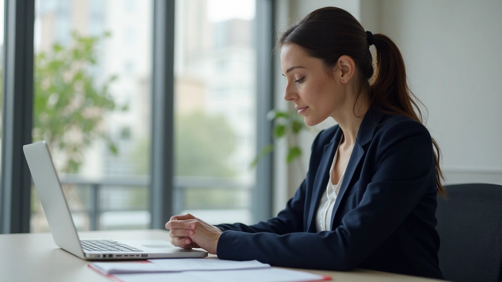 Professionelle Frau mit zwei Händen, die einen strukturierten Karriereplan in einem modernen Büro bespricht, konzentrierter Ausdruck, natürliches Licht