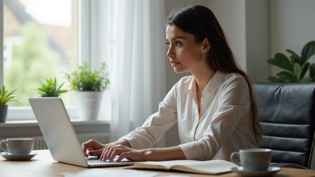 Online-Kurse auf Laptop mit Notizbuch und Kaffee auf Schreibtisch