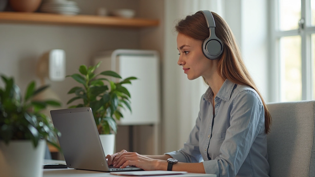 Junge Professionelle nutzt Online-Lernplattform auf Laptop mit Kopfhörern